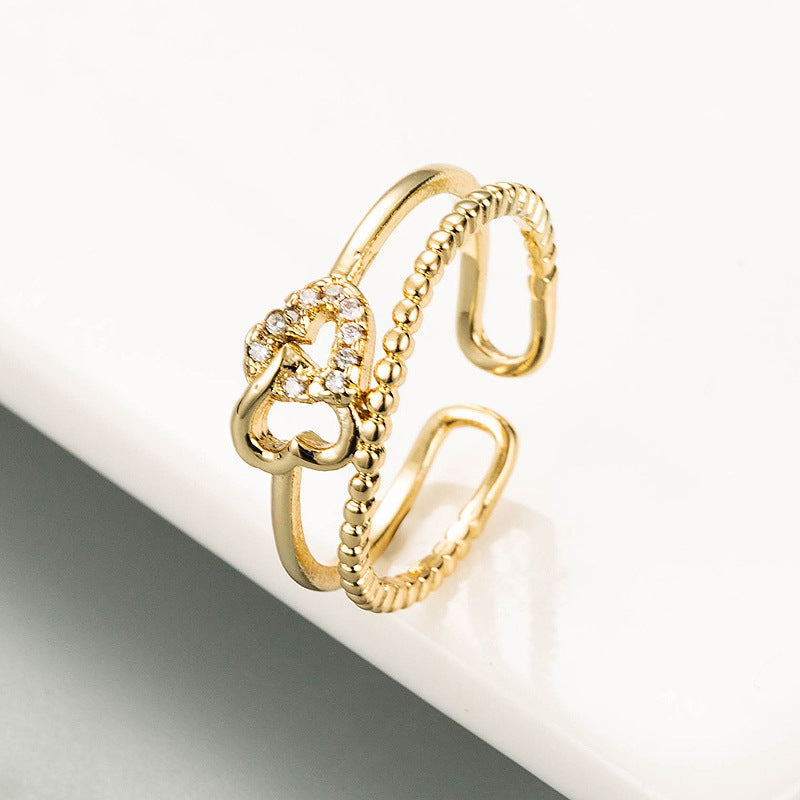 Wholesale new double-layer heart-shaped open copper micro inlaid zircon ring fashion color retaining electroplated 18K gold ring